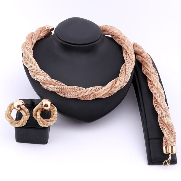 Women African Beads Jewelry Set Wedding Twist Weave Choker Necklace Bracelet Earrings Bridal Dubai Ethiopian Sets