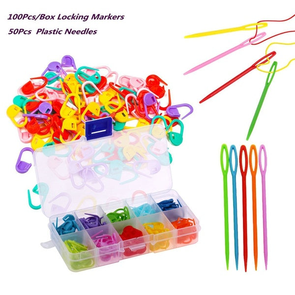 100Pcs-Box Plastic Knitting Tools Locking Markers + 50Pcs Plastic Knitting Needles Crochet Latch Knitting Swing Tools