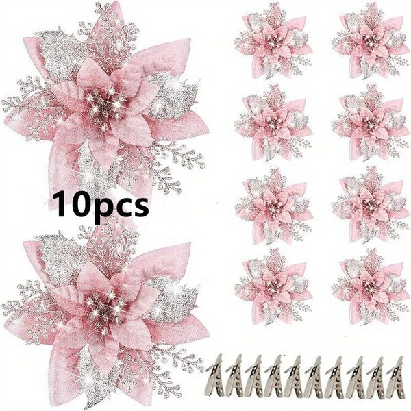10pcs Pink Glitter Christmas Tree Ornaments with Clips Fabric Artificial Dahlia Flower Decor for Seasonal Home & Room Decor Universal Holidays Decora