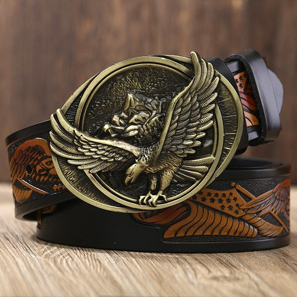 Fashion Genuine Leather Men's Belts Male Top Quality Eagle Totem Copper Smooth Buckle Retro Belt For Men Jeans Cintos Ceinture