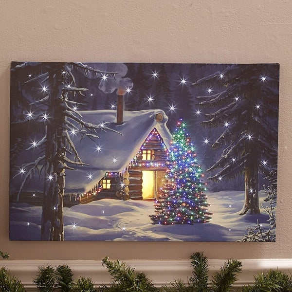Light Holiday Canvas Wall Art Christmas decor with Fiber-Optic Light Cabin party gift