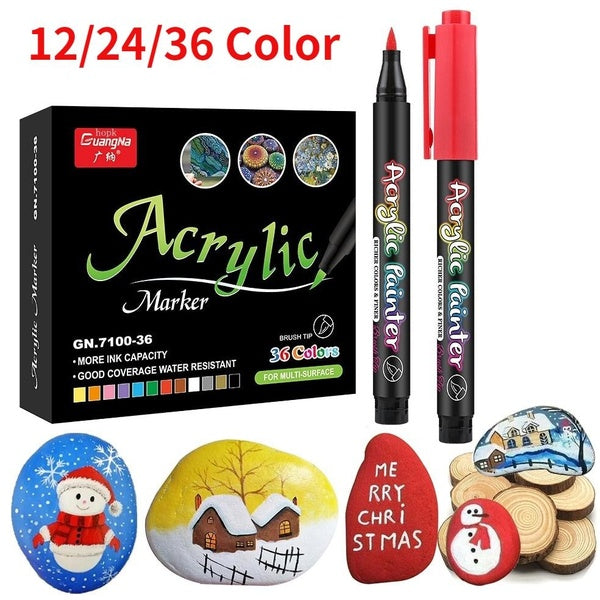 12-24-36 Colors Acrylic Paint Pens Acrylic Brush Marker Pens for Rock Painting, Stone, Ceramic, Glass, Wood, Canvas,DIY Card Making.