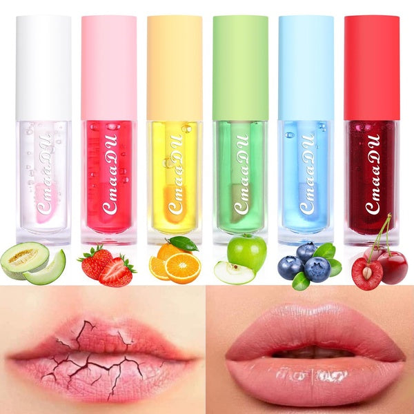 CMAADU 6-Color Fruit Taste Liquid Lip Balm Glaze Temperature Color Change Lip Gloss Oil Lasting Moisturizing Lipstick Base Soften Lip Repair