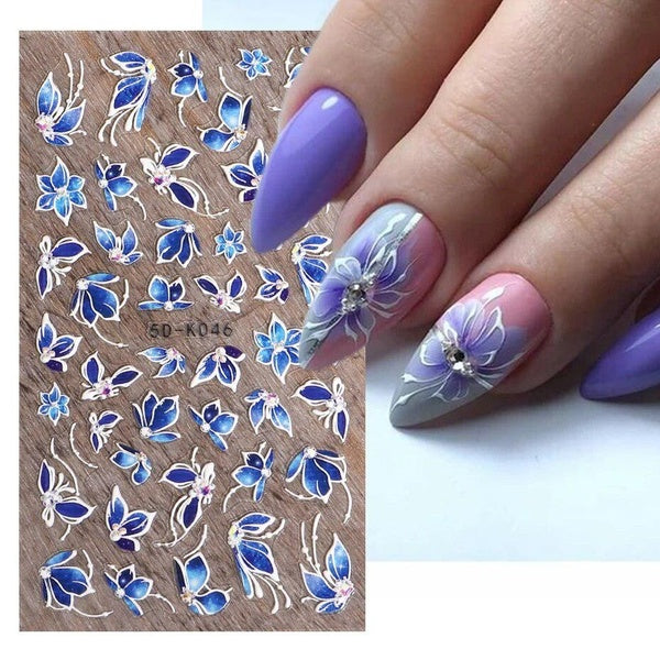 Starry Blue Flower Sticker for Nails Elegant 5D Vintage Slider Embossed Decal Foil Designer Manicure Sticker Polish Tips LA5D-K