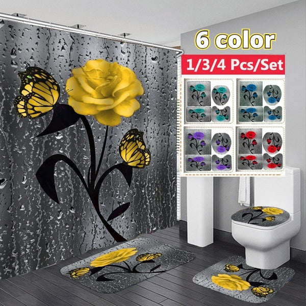 1-3-4 Piece of Rose Butterfly Shower Curtain Set Shower Curtain Set Toilet Mat + Shower Curtain + Door Mat 6 Colors Optional Bathroom Set