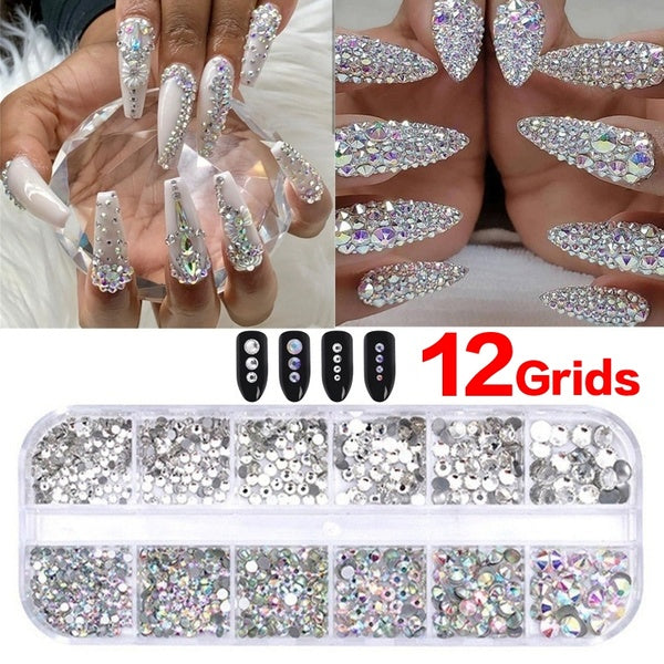 12grids-case 3D Nail Rhinestone AB Clear Crystal Strass Nail Charms Flat Back Gems Stones Flakes Diamond Manicure Decoration DIY Nail Art