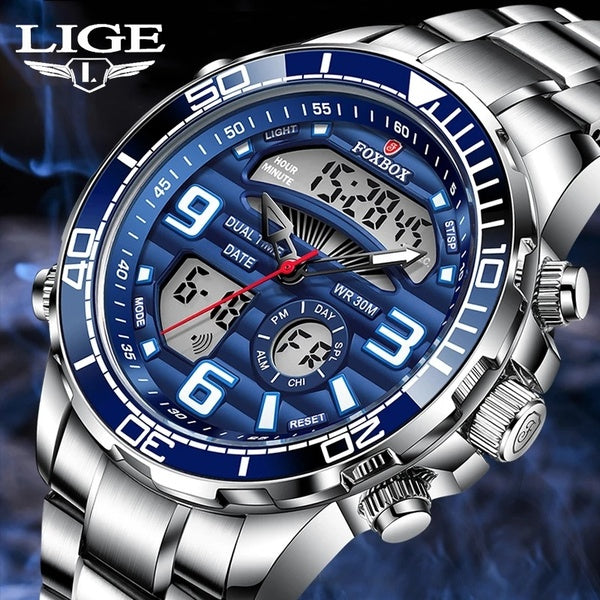 Hommes montre 2021 nouveau FOXBOX double affichage en acier inoxydable Sport montres pour hommes lumineux Quartz horloge numérique Herrenuhr