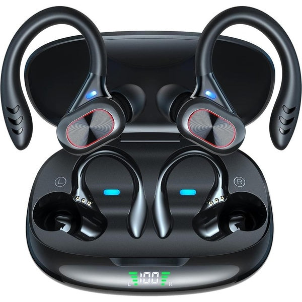 Wireless Earbuds 48 Hour Playback Headphones Over-Ear Stereo Bass Headphones with Earhook Microphone Display for Sports-Workout-Gym