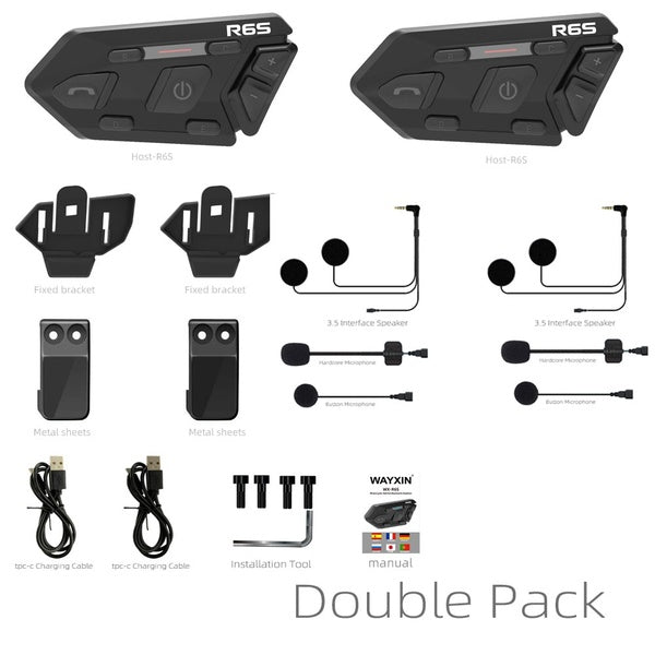 2PCS R6s 1200M Motorcycle Bluetooth Helmet Intercom upto 6 riders BT Wireless Waterproof Interphone Headsets MP3