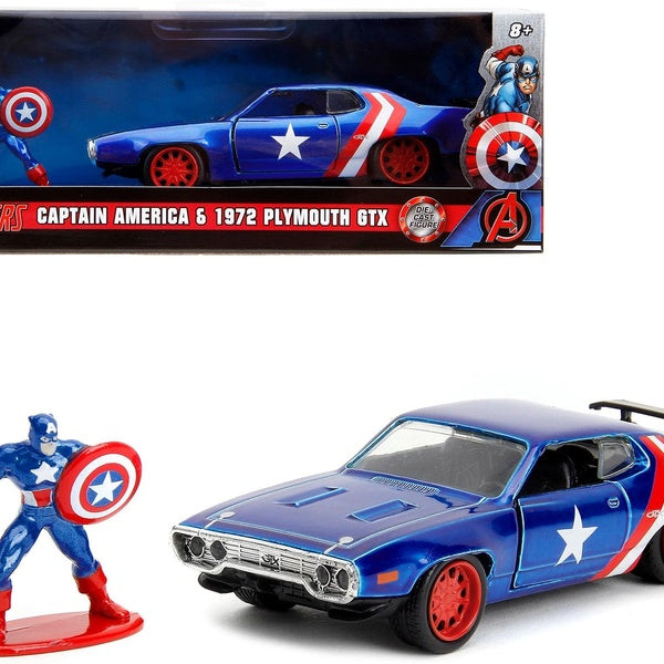 1972 Plymouth GTX Candy Blue w-Red & White Stripes and Captain America Figure "The Avengers" 1-32 Diecast Model Car by Jada
