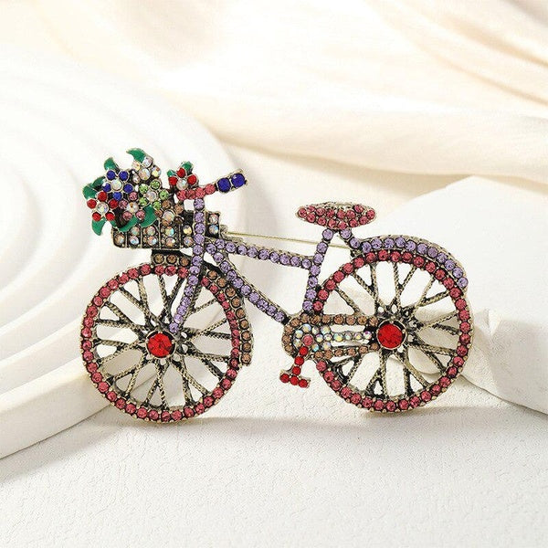 New Arrival Creative Vintage Bicycle Luxury Rhinestone Brooches Pins For Women Men Flower Bike Badges Corsage Jewelry