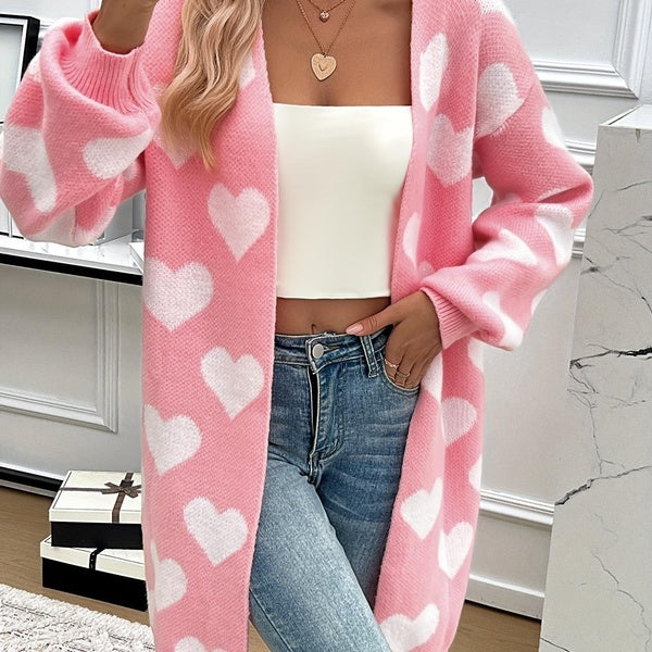 Women'S Elegant V-Neck Polyester Cardigan, Long Knit Outerwear with Heart Pattern, Color Block Design, Fall-Winter Season,