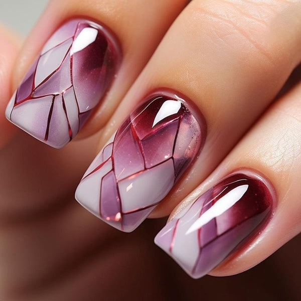 24Pcs Gradient Wine Red Marble Fake Nails Short French Ballet False Nails Press on Nails Medium Full Cover Acrylic Nail Tips