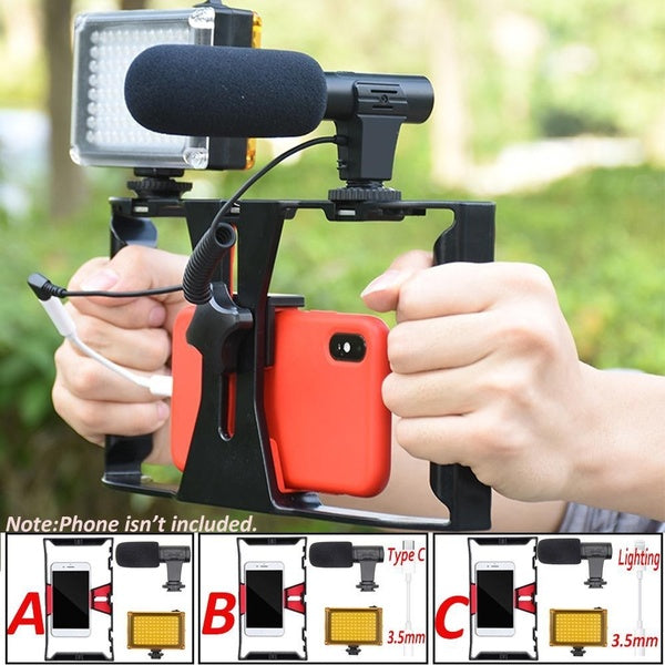 Video Rig Camera Cage Mount Holder Stabilizer Handle Grip avec microphone Mic et kit d'éclairage LED pour iPhone Samsung Huawei Gopro Filmmaking Prof