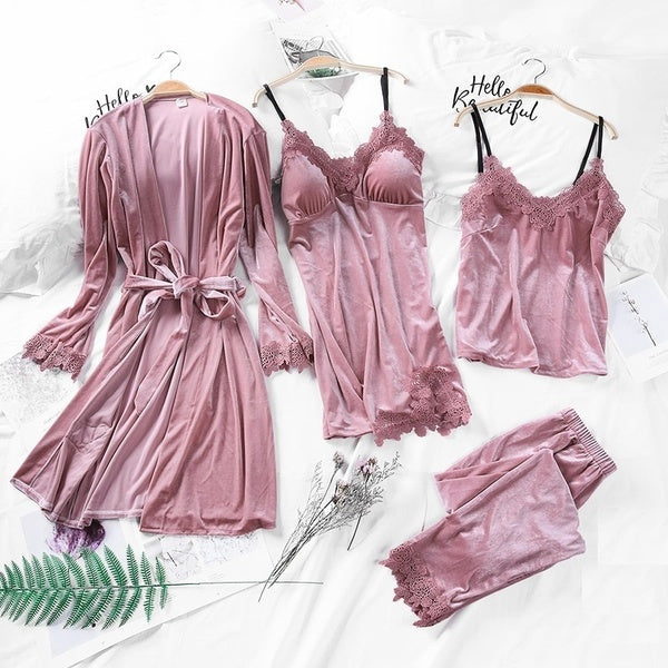 Pyjamas en velours classique pour femme, ensemble de chemises de nuit en lingerie de 4 pièces, pyjama camisole pour femmes, jupe de nuit, quatre ense