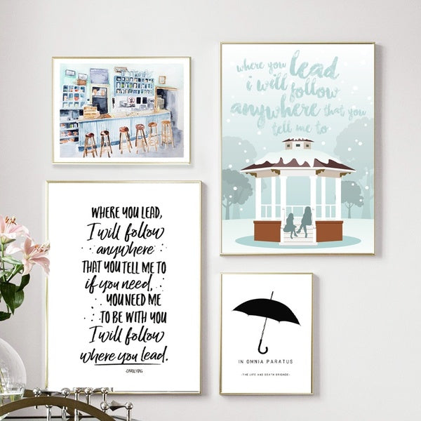 Gilmore Girls Tv Show Poster In Omnia Paratus Prints, Watercolor Luke's Diner Interior Print Canvas Painting Black White Quote Picture Home Wall Art