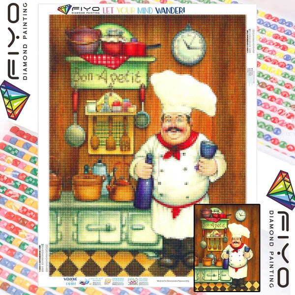 FIYO Chef Diamond Painting Kits For Adults DIY 5D Diamond Mosaic Diamond Painting Home and Kitchen Fashion Canvas Pictures Wall Decoration Gifts Arts