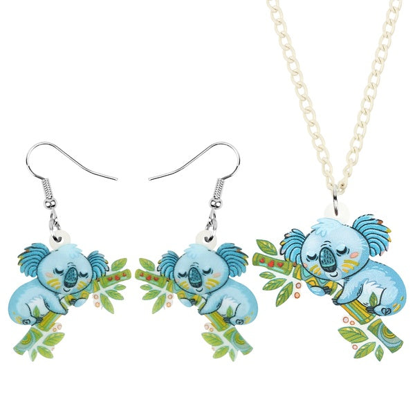 Acrylic Cartoon Sleeping Australia Koala Bear Jewelry Sets Sweet Fashion Animal Earrings Necklace for Women Teens Girls Gifts Charms