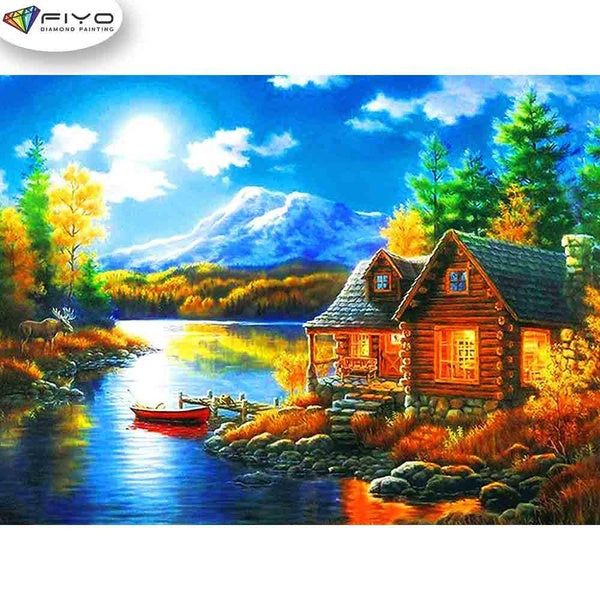 FIYO Houses and Snow Mountain Scenery Diamond Painting Kits For Adults DIY 5D Diamond Mosaic Diamond Painting Home and Kitchen Fashion Canvas Picture