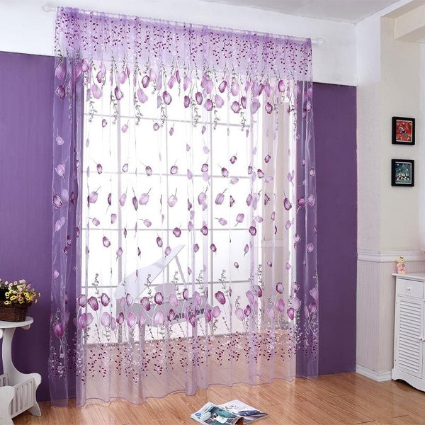 Elegant French Tulip Lace Curtain,Tulle Embroidery Floral Sheer Curtain Pastoral Style Printed Curtain Top Window Treatment For Home Kitchen Room Wed