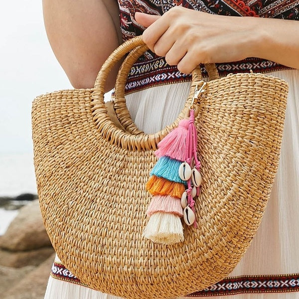 Handmade Multilayer Colorful Rainbow Fringe Tassel Shell Pom Pom Ball Keychain Accessories for Women Bag Charms Hanging Ornaments