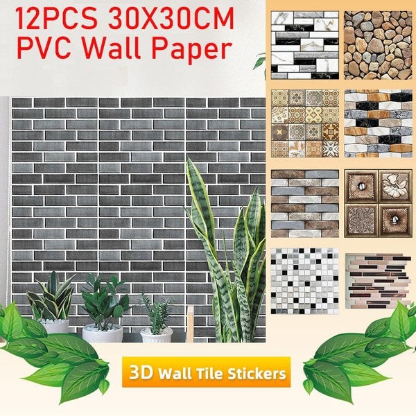 12Pcs 30X30CM 3D Self-Adhesive Wall Stickers Waterproof Wallpaper Stone Pattern Wall Panel PVC Home Decoration Paper Living Room Wall Paper