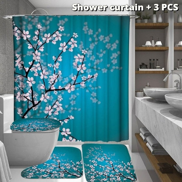 3D Plum Blossom Printed Pattern Bathroom Set Shower Curtain Anti-slip Mat Household Carpet Floor Mat Toilet Seat Cover Anti-slip Absorbent Bathroom D