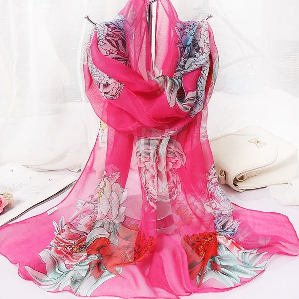 Length 160cm Long Soft Flower Print Scarf Shawl Chiffon Silk Scarves Outdoor Casual Women's Fashion Accessories