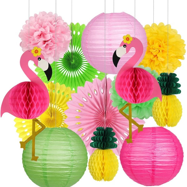 Flamingo Party Supplies, Hawaiian Party Decorations Flamingo and Pineapple Honeycomb Ball Paper Lanterns Paper Fans Pom poms Flowers for Birthday Lua