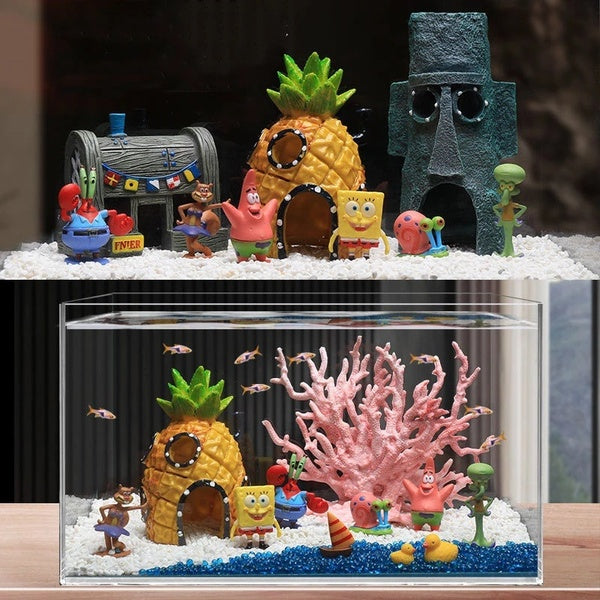 Mini SpongeBob & Squidward House Style ananas Cartoon maison poupées maison Fish Tank Aquarium ornement décorations avec trou d'évacuation