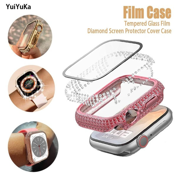 YuiYuKa Tempered Glass Film + Diamond Screen Protector Cover Case for Apple Watch 9 8 7 41mm 45mm 6 SE 40mm 44mm 38mm 42mm Full Protection for iwatch