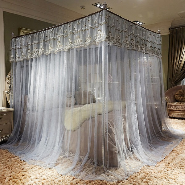 Elegant Bed Curtains Canopy, Embroidery Ruffle 4 Corner Post Mosquito Net for Bed, Bed Canopy for Girls Kids Toddlers Crib Adult, Bedding Décor