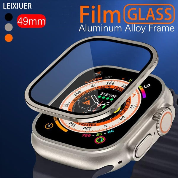 LEIXIUER Aluminum Alloy Frame Tempered Glass For Apple Watch Ultra 2 -Ultra 49mm Metal Bumper Screen Protector Accessories Anti-Scratch HD Full Film