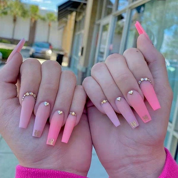 False Nails Extra Long Pink Gradient Coffin Fake Nails With Rhinestone Manicure Ballerina Nail Art Tips Press on Nails