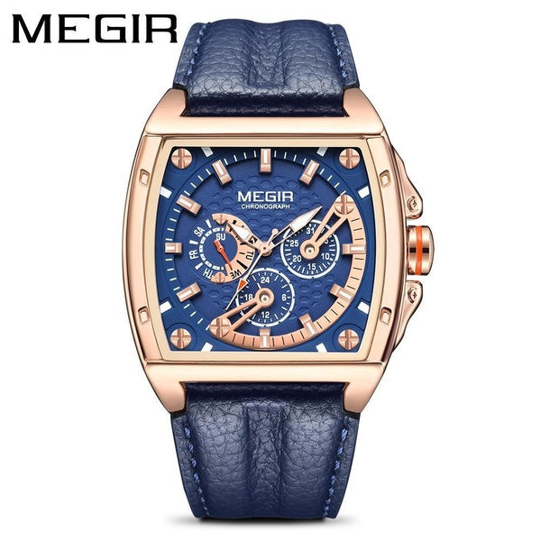 MEGIR Tonneau cadran analogique montre à Quartz hommes mode militaire Sport étanche bracelet en cuir montres 24 heures Date semaine 2204