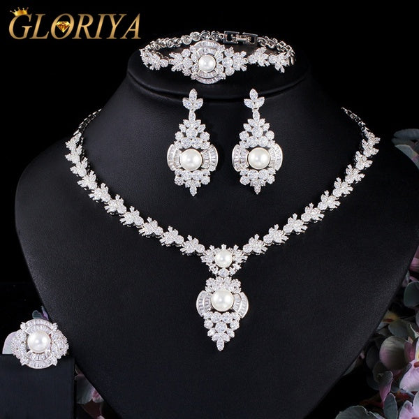 Gloriya luxe étincelant cubique Zircon charme fleur boucles d'oreilles collier Bracelet bague pour fiançailles mariage perle ensemble de bijoux