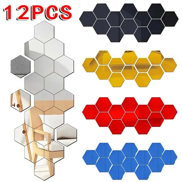 12pcs 3D Mirror Wall Sticker Hexagon Acrylic Self Adhesive Mosaic Tile Decals Removable Wall Sticker DIY Home Decor Art Mirror