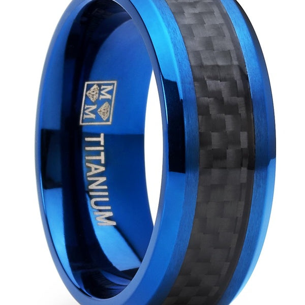 Alliance en titane pour homme, bague de fiançailles, placage ionique bleu et incrustation de fibre de cardon noir 8-13