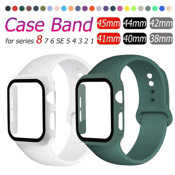 Hard PC Case Silicone Band for Smart Watch 45mm 41mm 44mm 40mm 38mm 42mm Sport Replacement Strap with Tempered Glass screen protector cover for Watch
