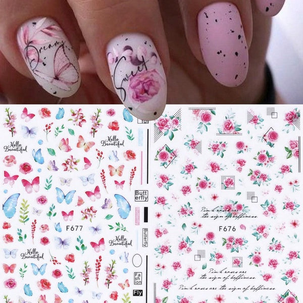 Pink Rose 3D Nail Stickers Butterfly Leaf Decals Nail Stickers DIY Manicure Self-Adhesive Decoration Tips