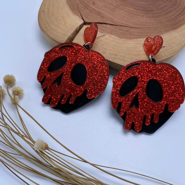 Acrylic Skeleton Heart Earrings, Glitter Skull Charm Earrings, Exaggerated Personality Earrings, Halloween Jewelry