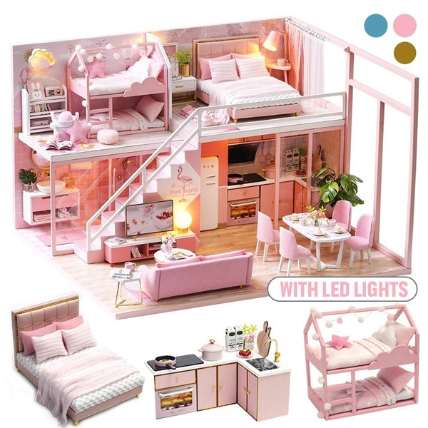 1:24-1:32 Scale Dollhouse Miniature with Furniture,DIY Wooden Dollhouse Kits with LED Light, Creative Room Idea