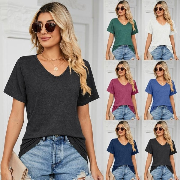 High Quality Soft T-shirts for Women Summer Fashion Casual V Neck Short Sleeve Shirts Solid Color Loose Blouses Tops