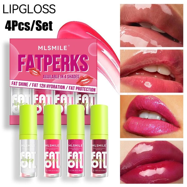 4Pcs-Set Lip Balm Set Lip Care Oil Lip Glaze Mirror Surface Lasting Pearly and Plump Lips Lipstick Transparent Lip Color