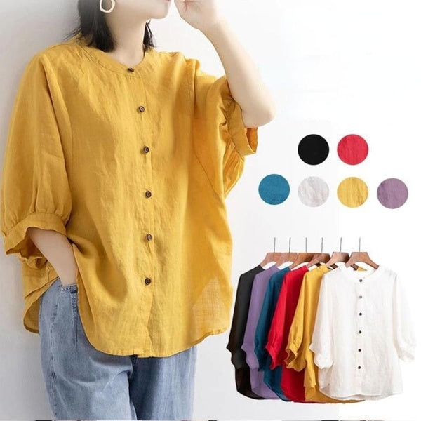 Chemise en coton et lin pour femme à manches lanterne Top artistique vintage Grande taille Chemisier ample à manches mi-longues