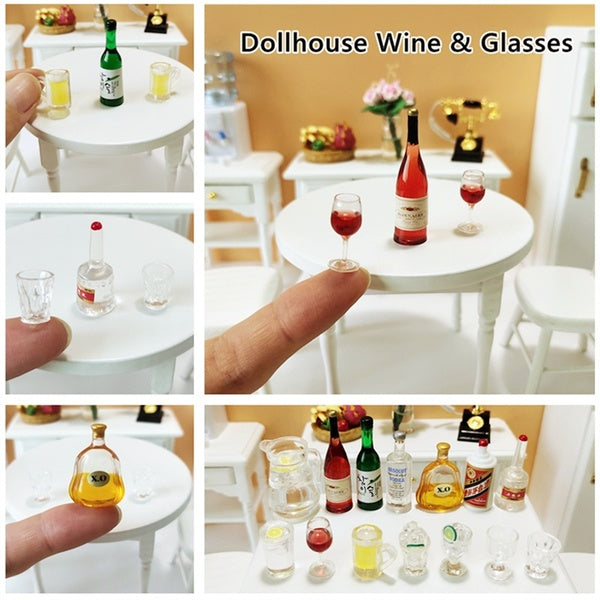 3Pcs Dollhouse Miniatures Mini Red Wine-White Wine-Beer with Glasses 1:12 Scale Doll House Accessories Resin Kids Toy