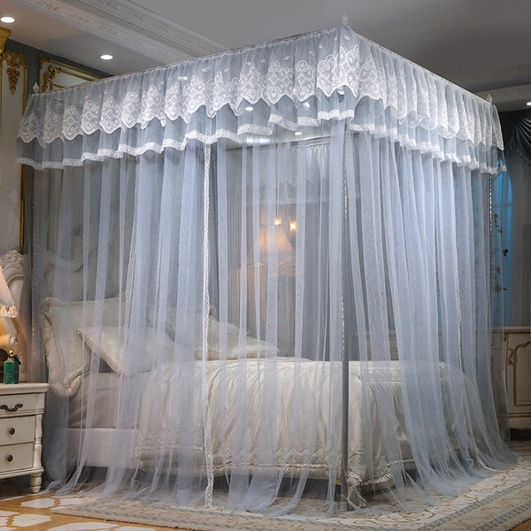 Elegant Embroidery Ruffle 4 Corner Post Bed Canopy - Mosquito Net Bed Curtains for Girls Adult Kids Toddlers Crib Bedroom Décor