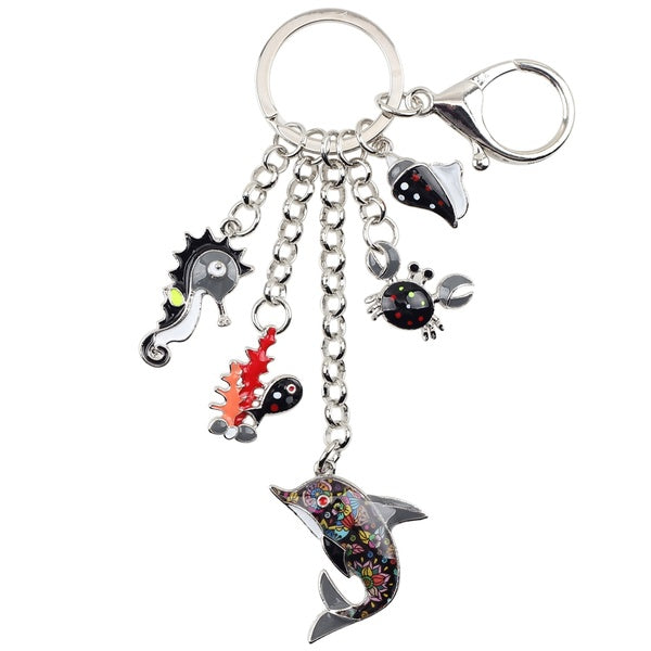 Émail alliage océan dauphin crabe hippocampe conque poisson porte-clés porte-clés animaux de mer bijoux pour filles sac à main sac à main charmes cad