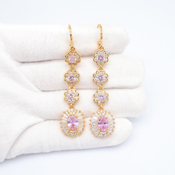 Boucles d'oreilles pendantes en zircon cubique rose de luxe pour femmes