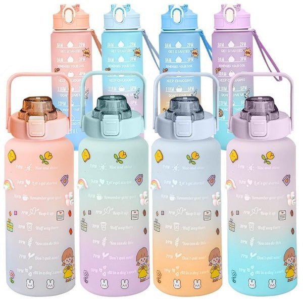 Bouteille d'eau avec marqueur de temps et paille, 900 ml-2000 ml carafe d'eau en plastique étanche de grande capacité pour le fitness, la gym, l'écol